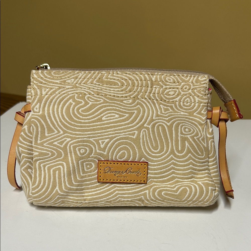 Dooney & Bourke Beige Embroidered Doodle Swirl Cosmetic Pouch Leather Trim